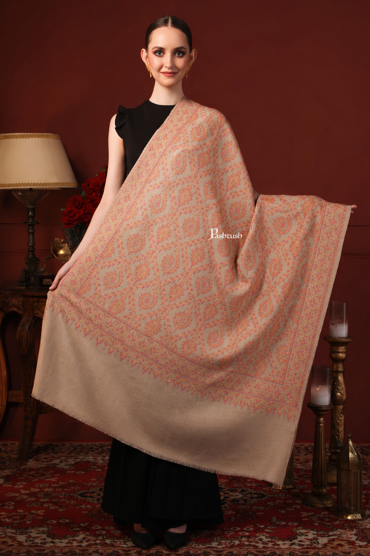 Pashtush  Pure Pashmina Shawl, Sozni Hand Embroidery, Hand Woven Design, Beige