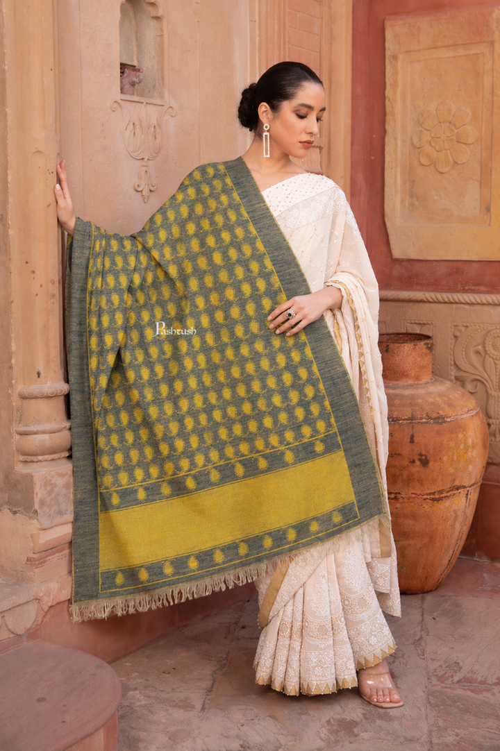 Pashtush Womens Pure pashmina Shawl Hand-woven, Reversible Design, Grey and Kashmiri Mustard