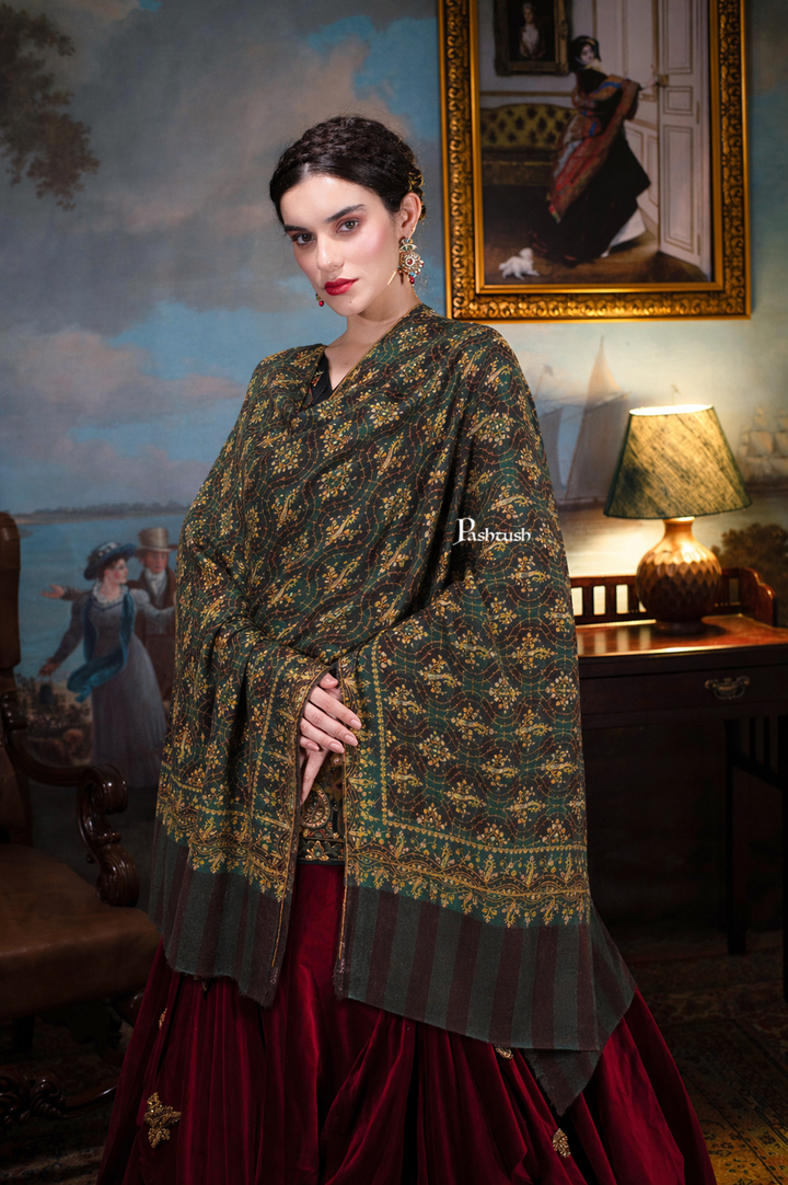 Pashtush  Pure Pashmina Shawl, Sozni Hand Embroidery, Hand Woven Design, Black