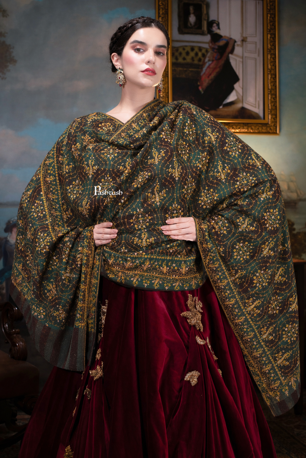 Pashtush  Pure Pashmina Shawl, Sozni Hand Embroidery, Hand Woven Design, Black