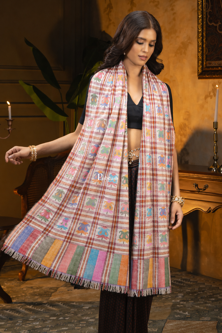 Pashtush  Pure Pashmina Shawl, Hand Woven Kaani Design, Multicoloured