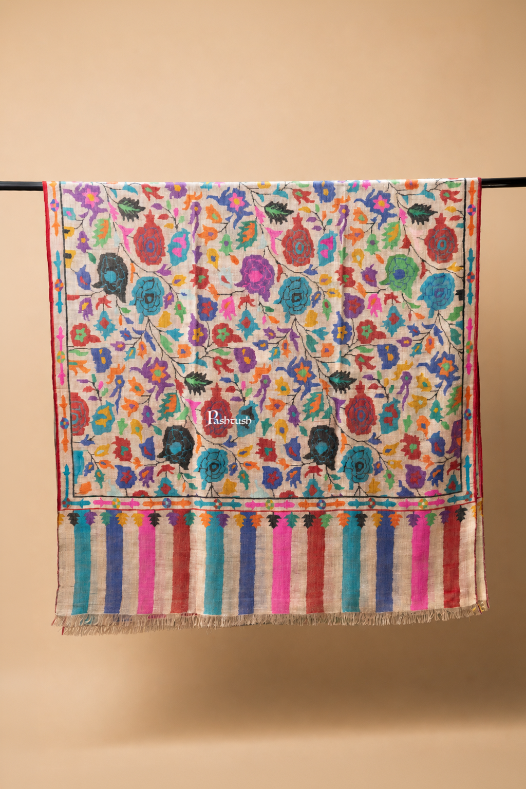 Pashtush Womens Pure Pashmina Handloom Kaani Shawl, Handwoven, Pastel Hues, Multicoloured with Natural Woven Base