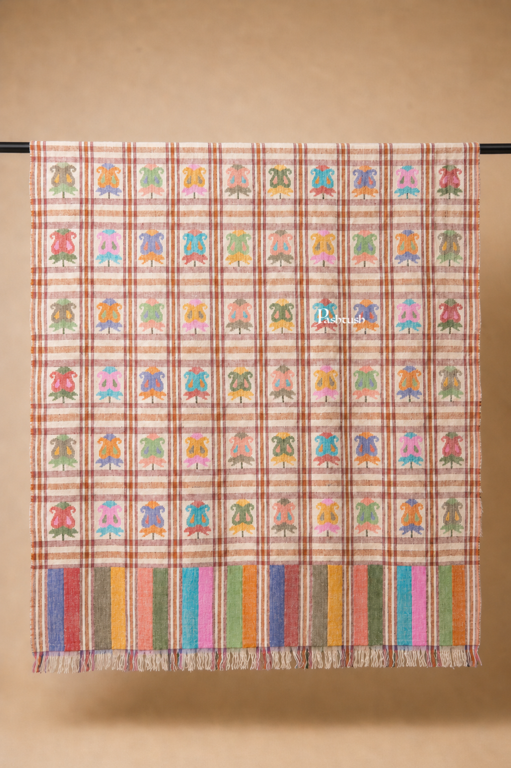 Pashtush  Pure Pashmina Shawl, Hand Woven Kaani Design, Multicoloured