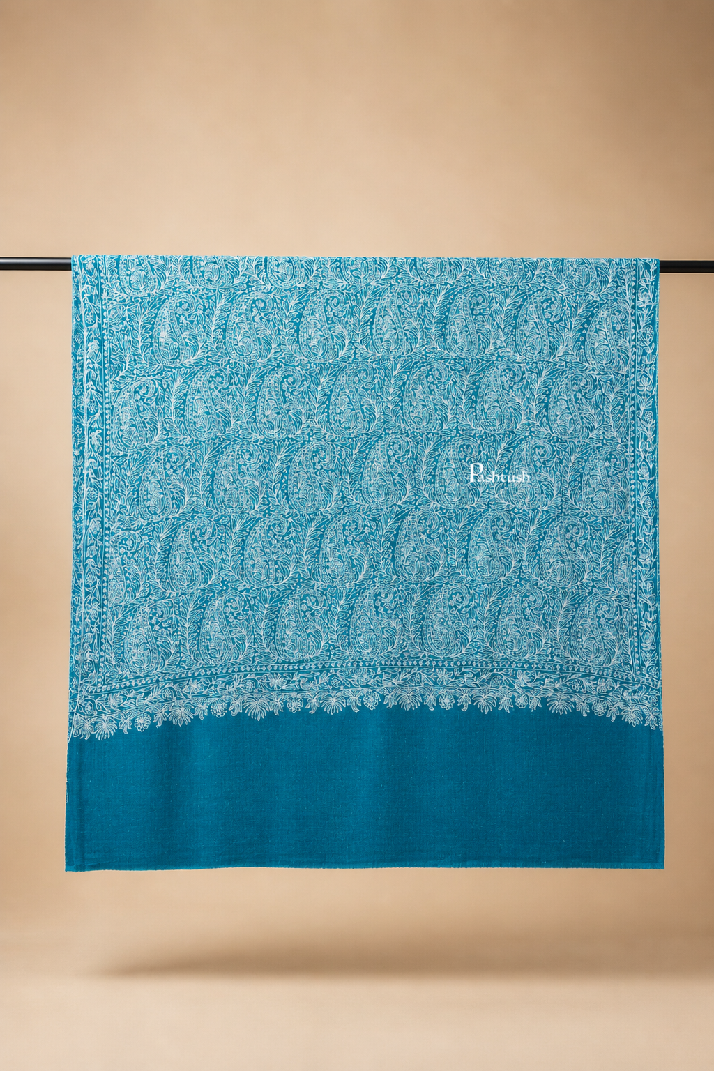Pashtush Womens Pure Pashmina shawl, tonal hand embroidery, handwoven, Aqua Blue