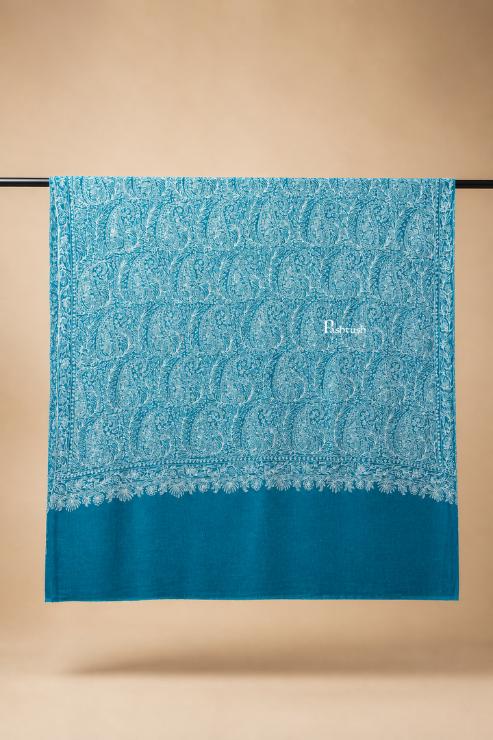 Pashtush Womens Pure Pashmina shawl, tonal hand embroidery, handwoven, Aqua Blue