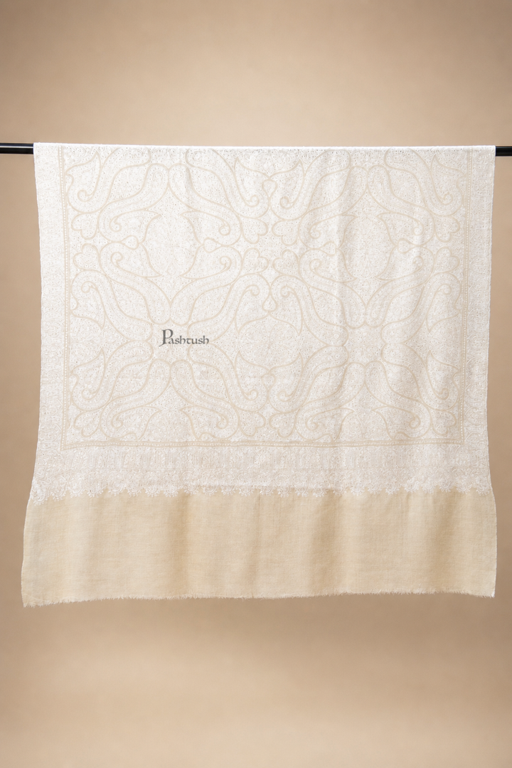 Pashtush Womens Pure Pashmina Shawl, Hand Embroidery, Hand Woven, Tonal Design, Ivory