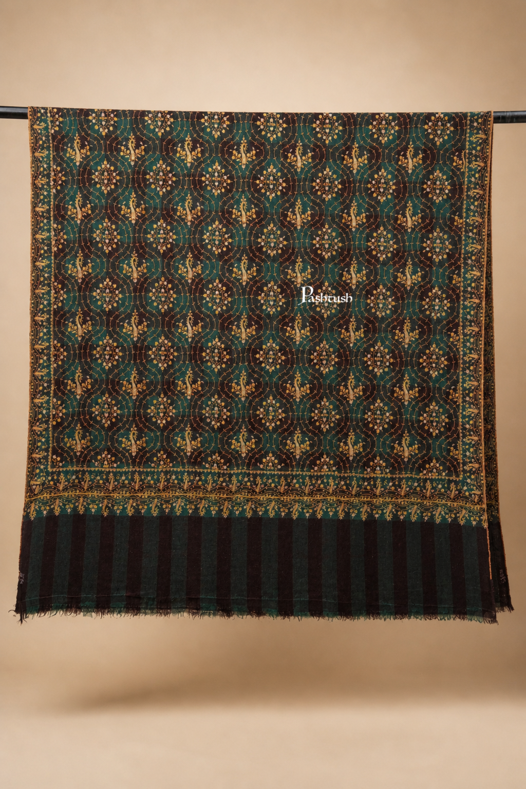 Pashtush  Pure Pashmina Shawl, Sozni Hand Embroidery, Hand Woven Design, Black
