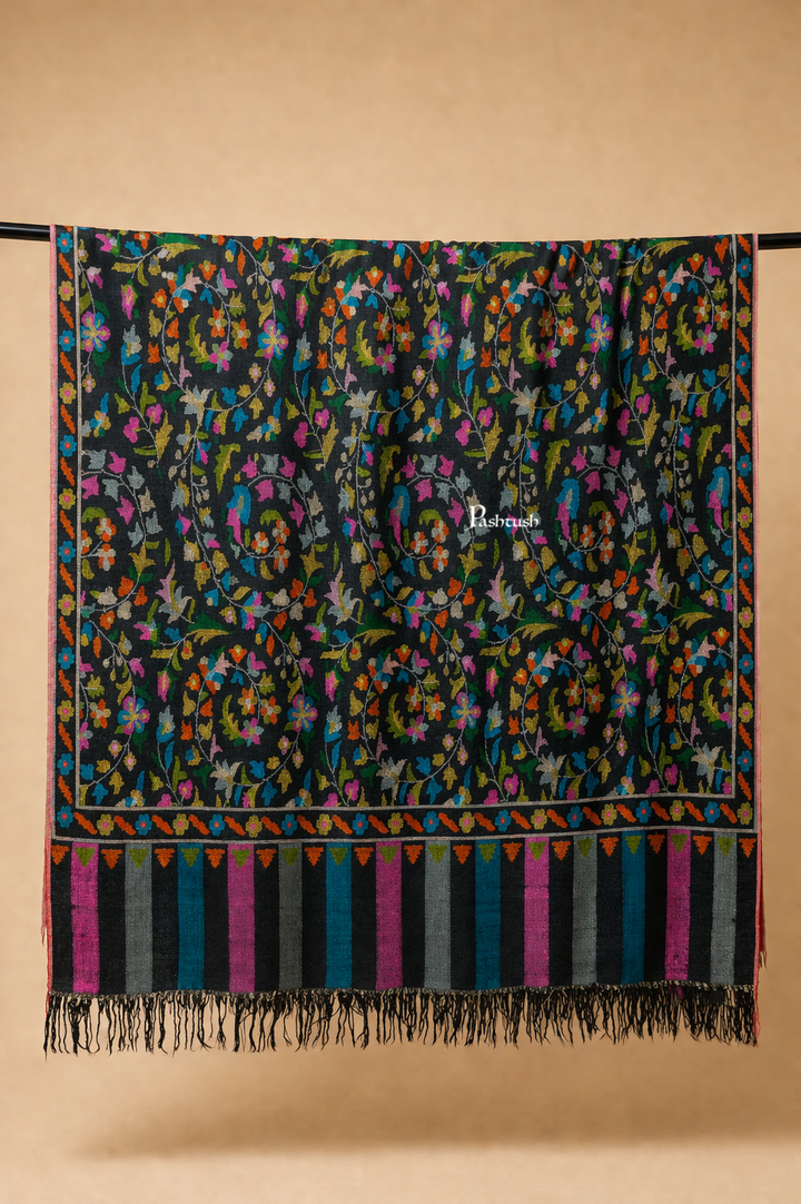 Pashtush Womens Pure Pashmina Handloom Kaani Shawl, Handwoven, Jewel Black