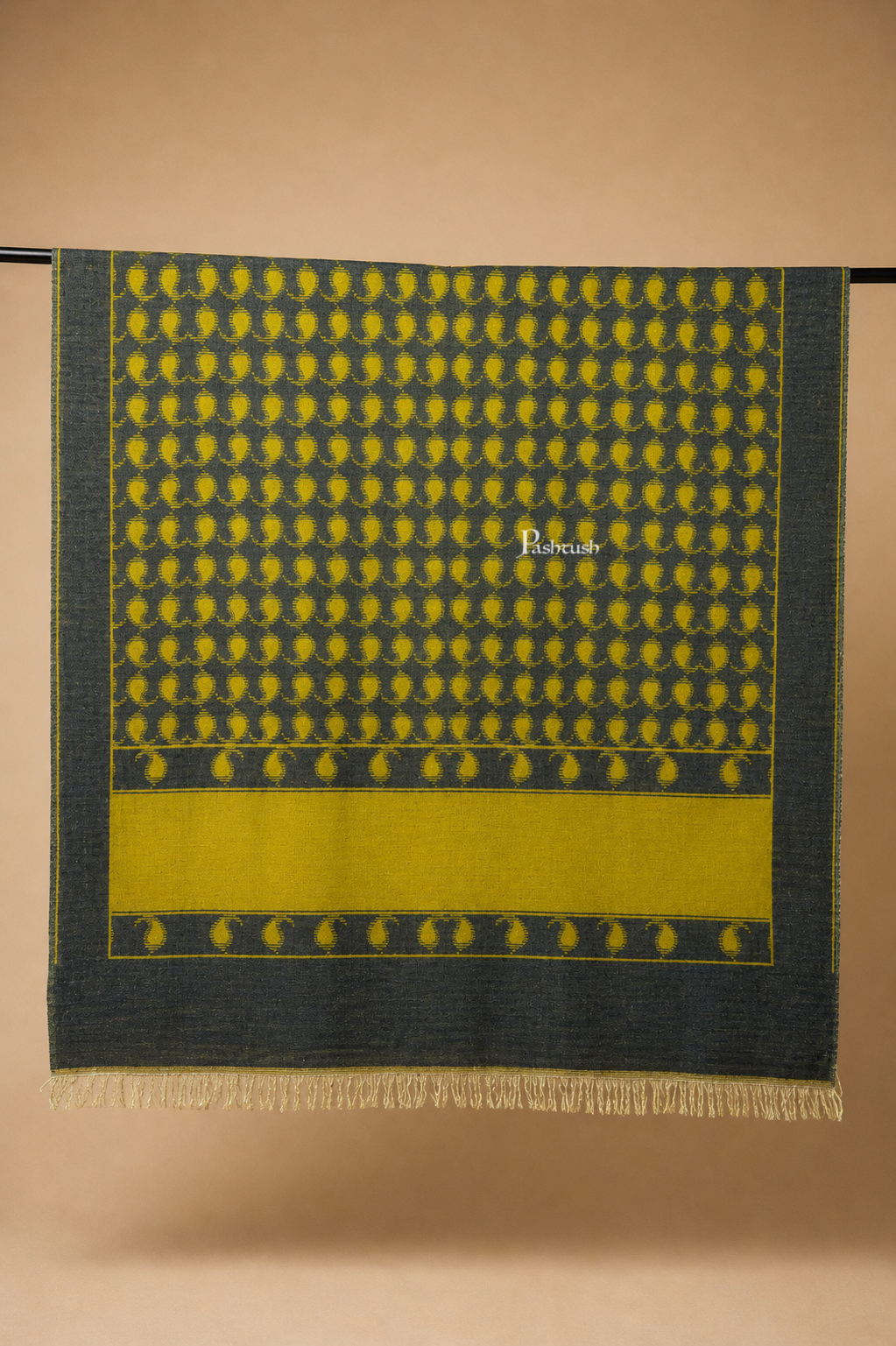Pashtush Womens Pure pashmina Shawl Hand-woven, Reversible Design, Grey and Kashmiri Mustard
