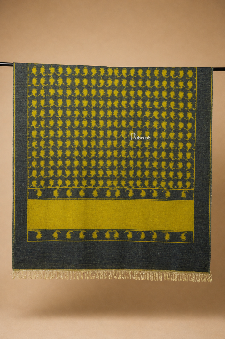 Pashtush Womens Pure pashmina Shawl Hand-woven, Reversible Design, Grey and Kashmiri Mustard