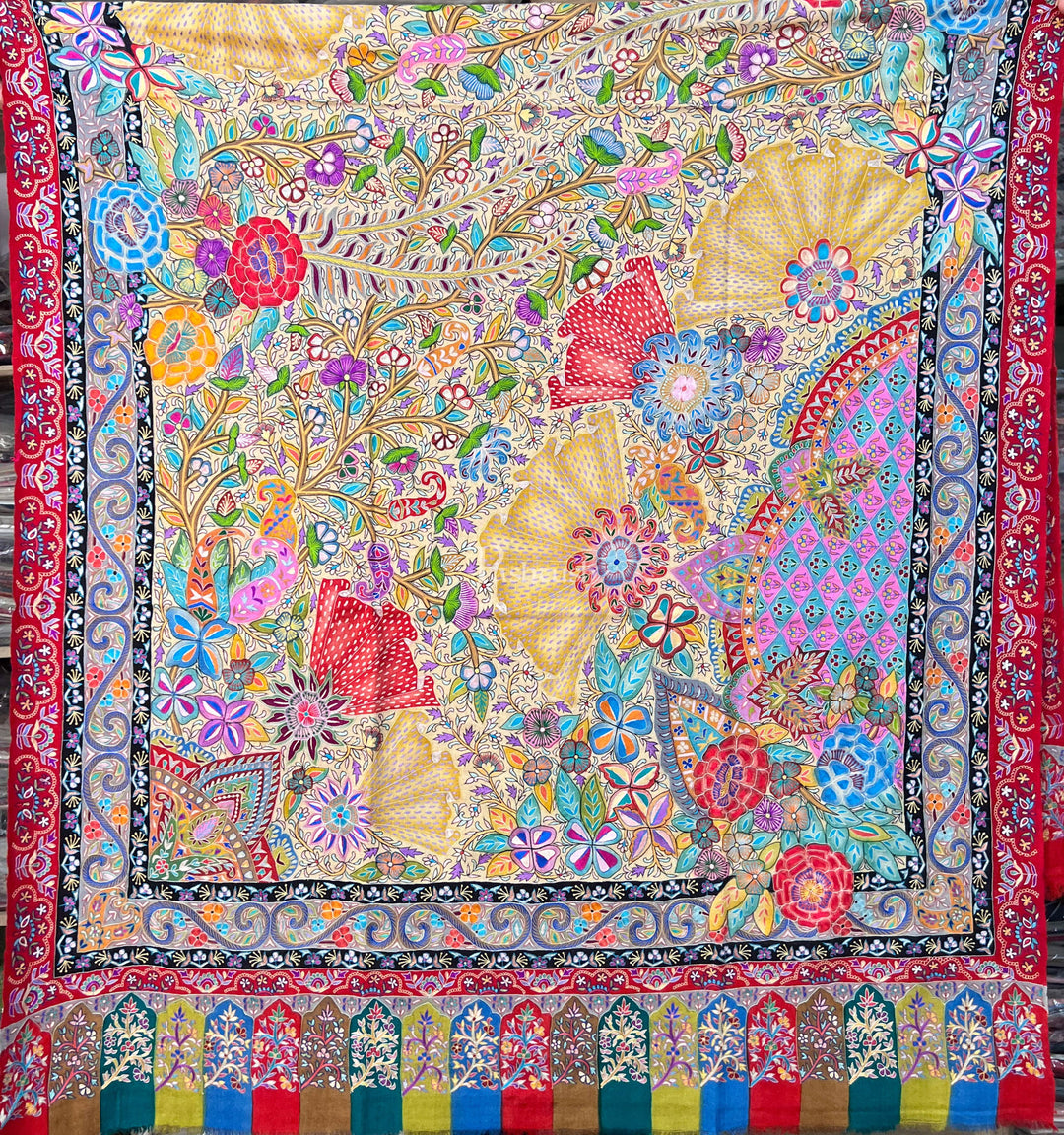 Pashtush Womens Pashmina Shawl, Handmade Kalamkari, Multicoloured
