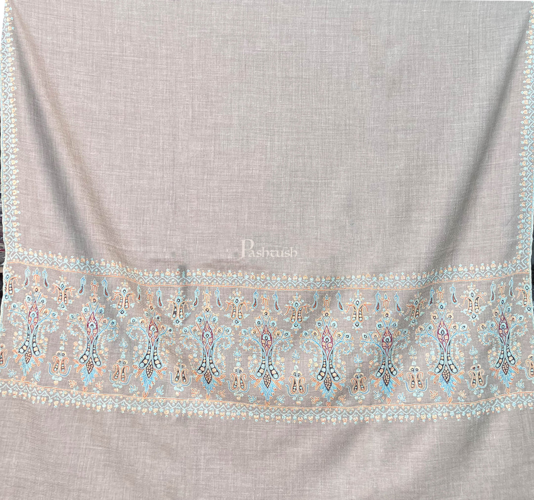 Pashtush Womens Pure Pashmina Shawl, Kashmiri Hand Embroidered, Handloom, Pastel Beige