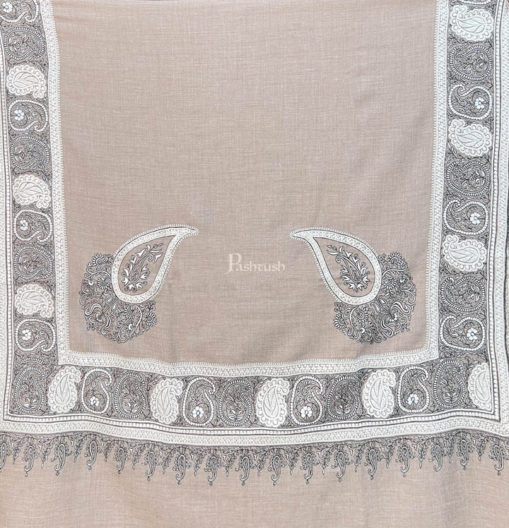Pashtush Womens Pashmina Shawl, Chaandi Taar Daur with Real Silver Embroidery, Border, Beige