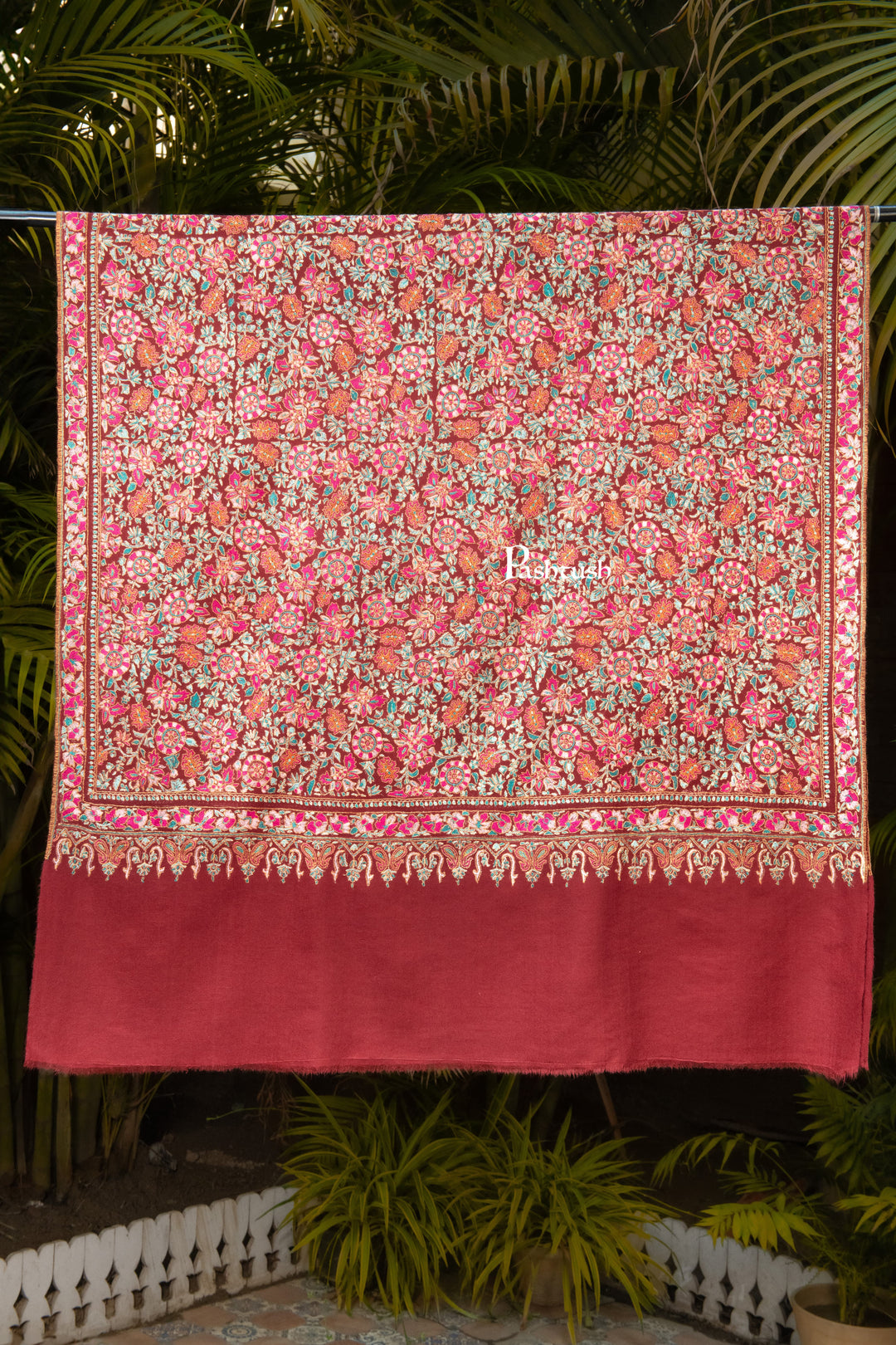 Pashtush India Womens Shawls Pashtush Womens Pure Pashmina Shawl, Papier Mache Hand Embroidery, Hand Woven, Gulabdaar Design, Scarlet Red