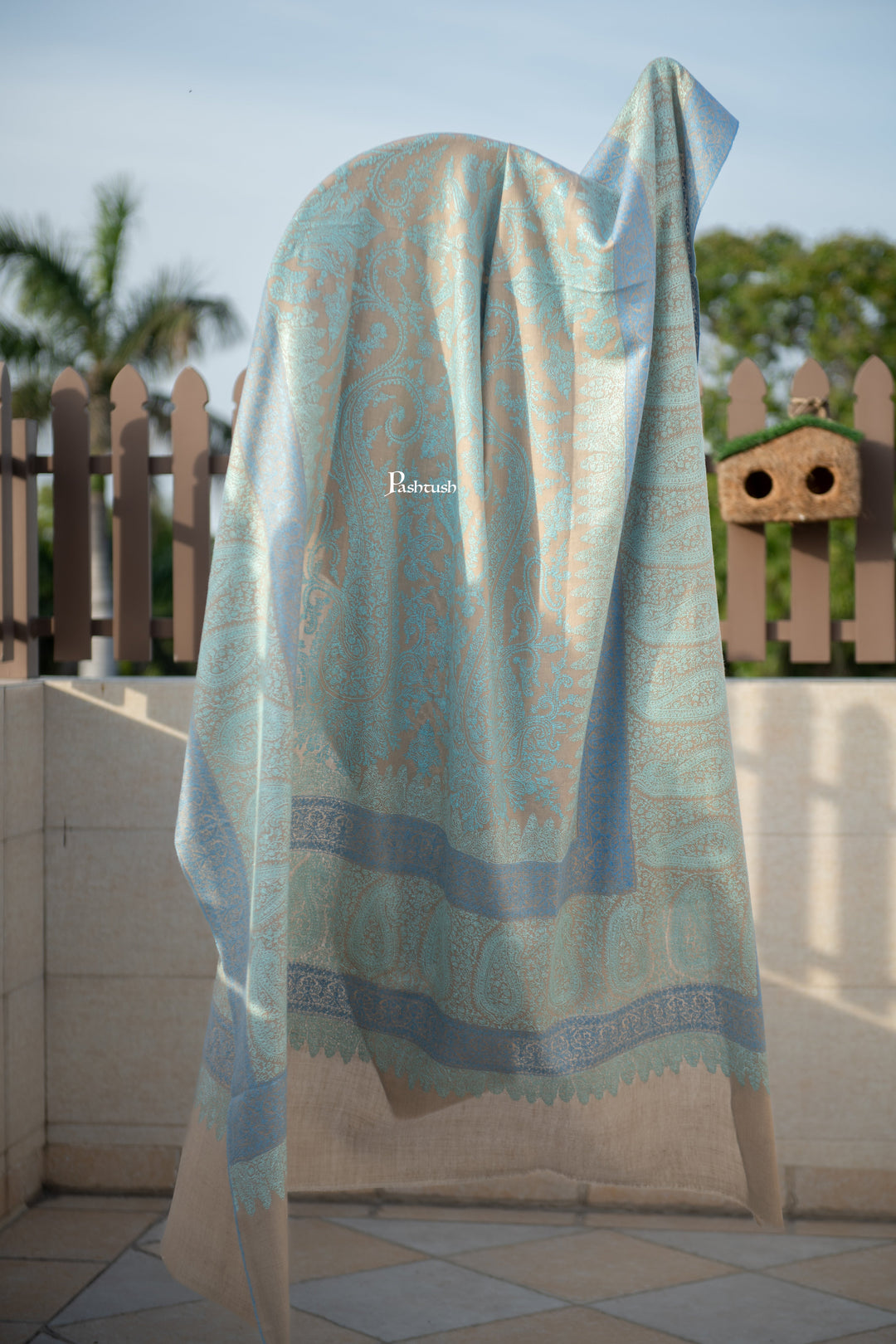 Pashtush Mens Pure Pashmina Shawl, Arabic Sea Blue