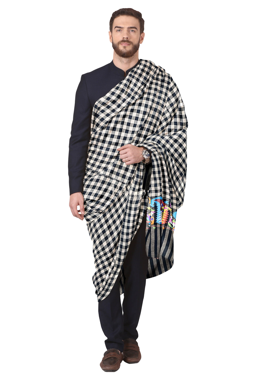 Pashtush Mens Pashmina Shawl, Handwoven Kaani, Checkered with Multicoloured Palla