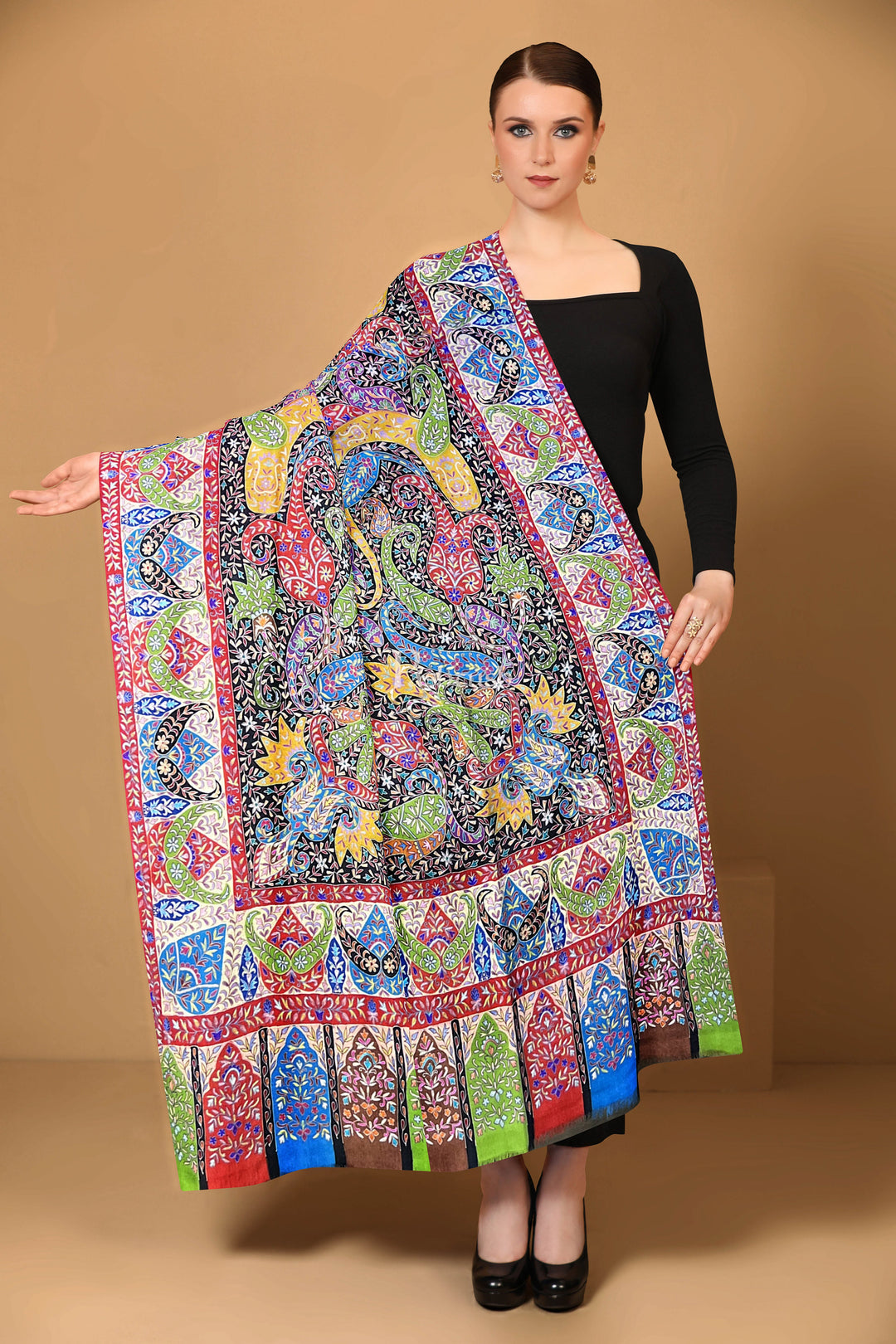 Pashtush Womens Pashmina Shawl, Handmade Kalamkari, Multicoloured
