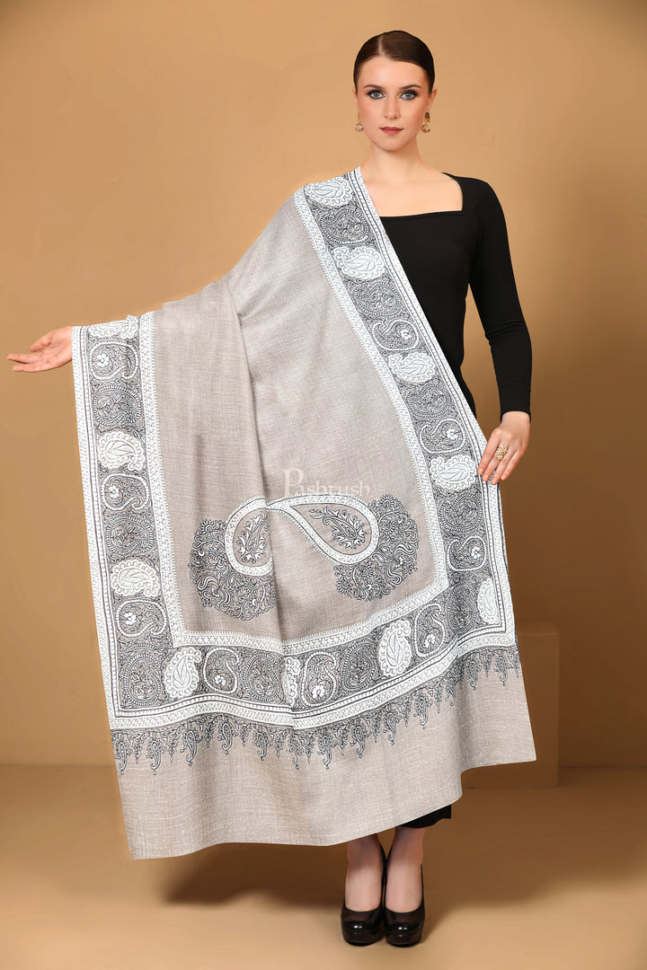 Pashtush Womens Pashmina Shawl, Chaandi Taar Daur with Real Silver Embroidery, Border, Beige
