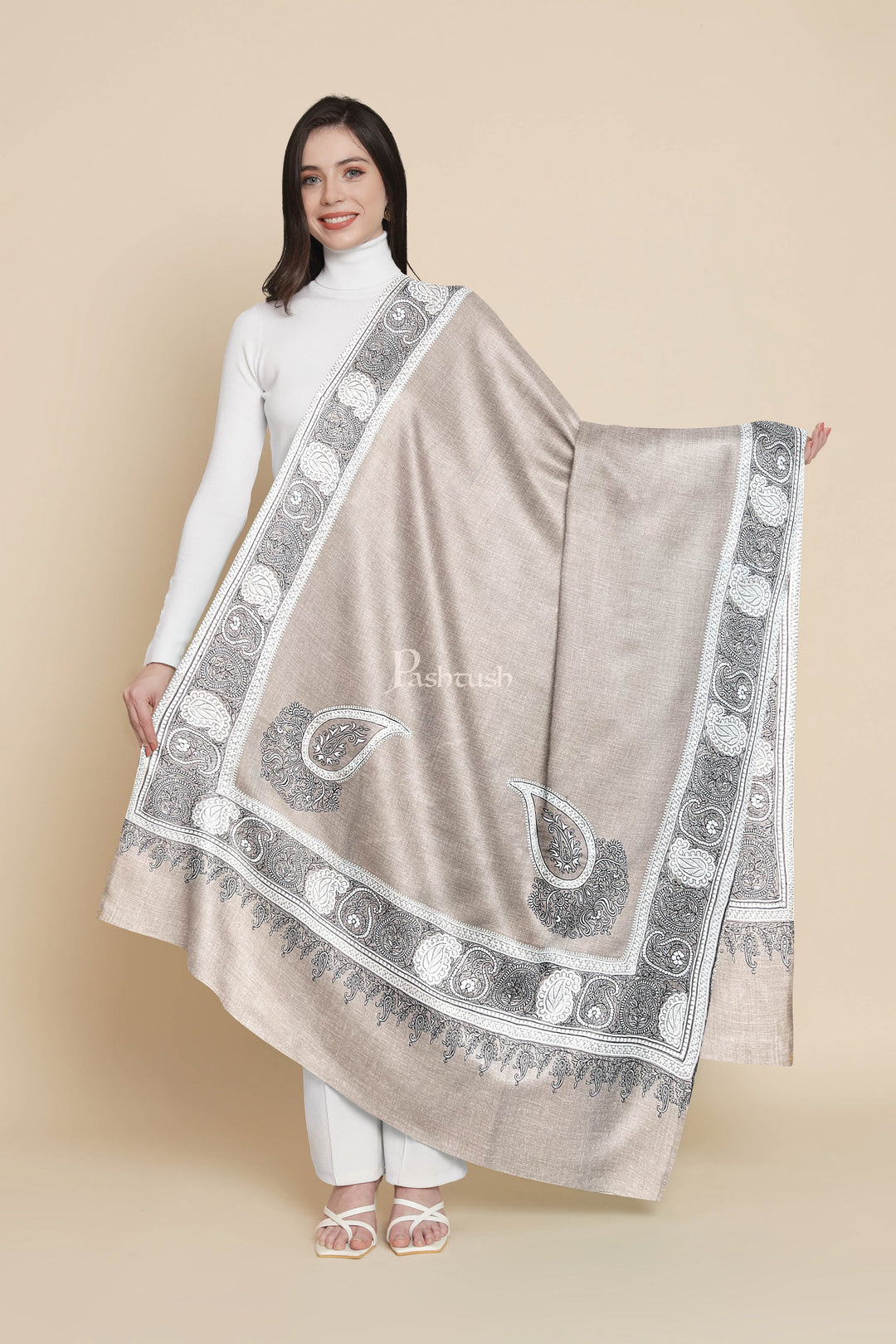 Pashtush Womens Pashmina Shawl, Chaandi Taar Daur with Real Silver Embroidery, Border, Beige