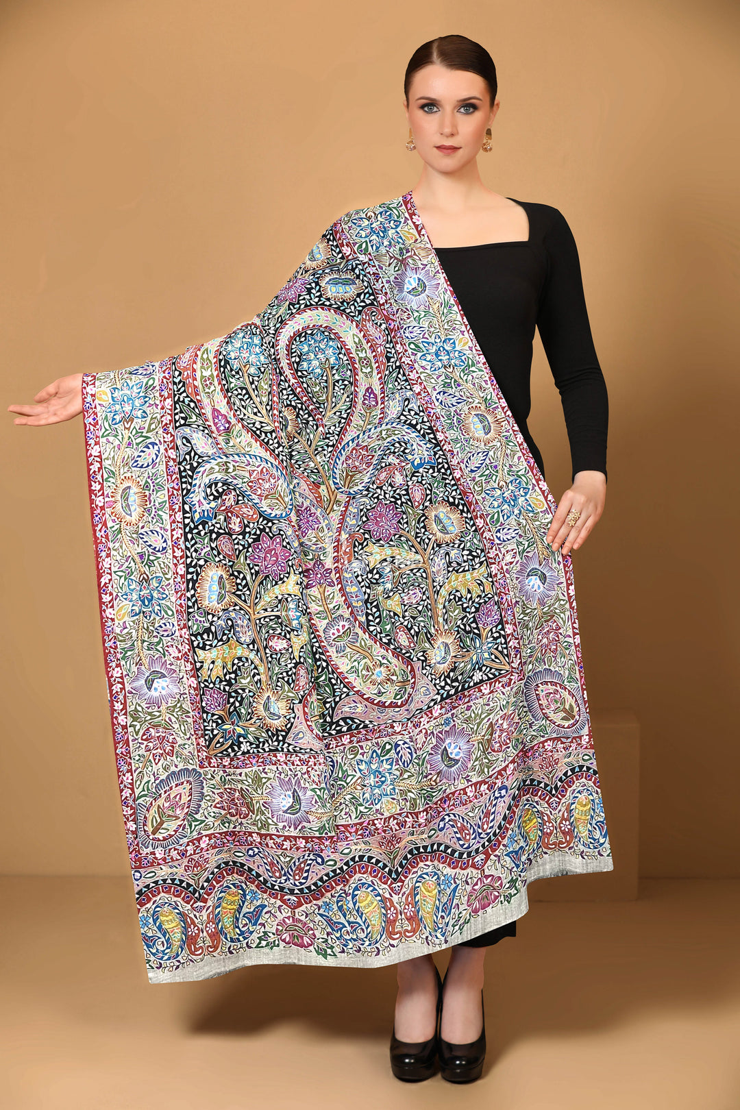 Pashtush Womens Pashmina Shawl, Handmade Kalamkari, Multicoloured