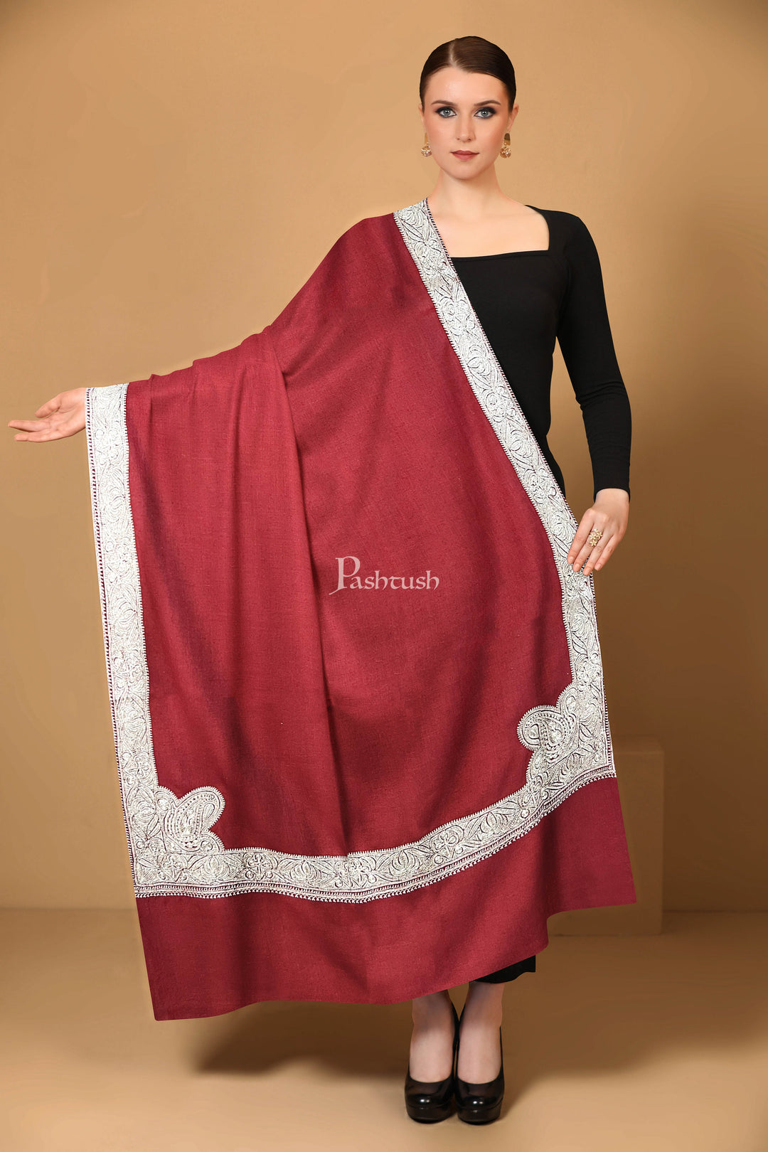 Pashtush Womens Pashmina Shawl, Chaandi Taar Daur with Real Silver Embroidery, Border, Maroon