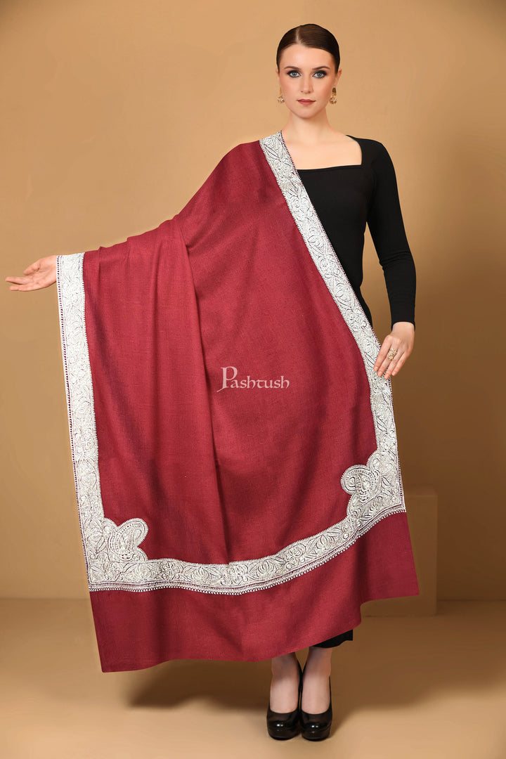 Pashtush Womens Pashmina Shawl, Chaandi Taar Daur with Real Silver Embroidery, Border, Maroon