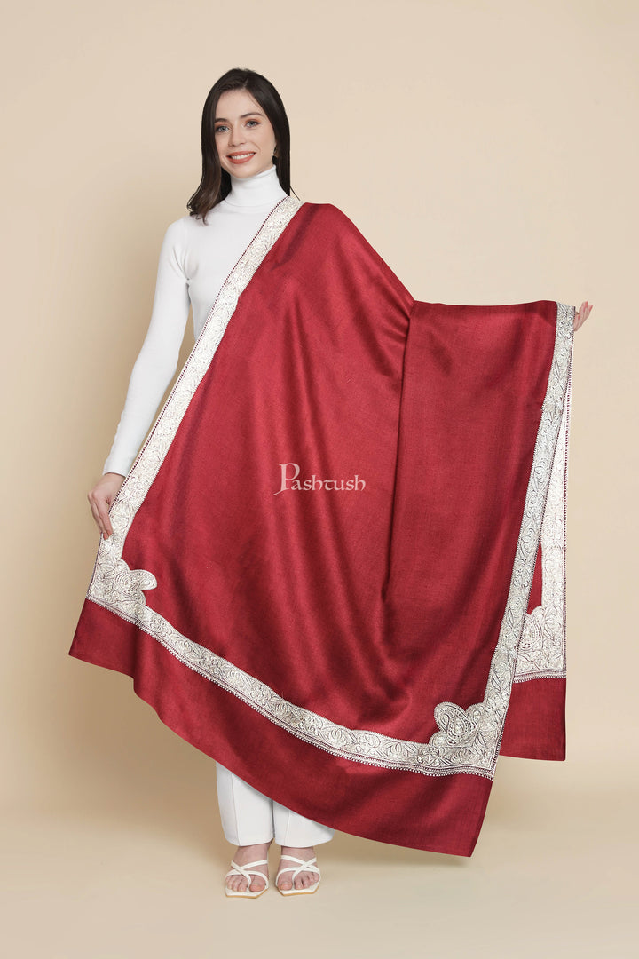 Pashtush Womens Pashmina Shawl, Chaandi Taar Daur with Real Silver Embroidery, Border, Maroon