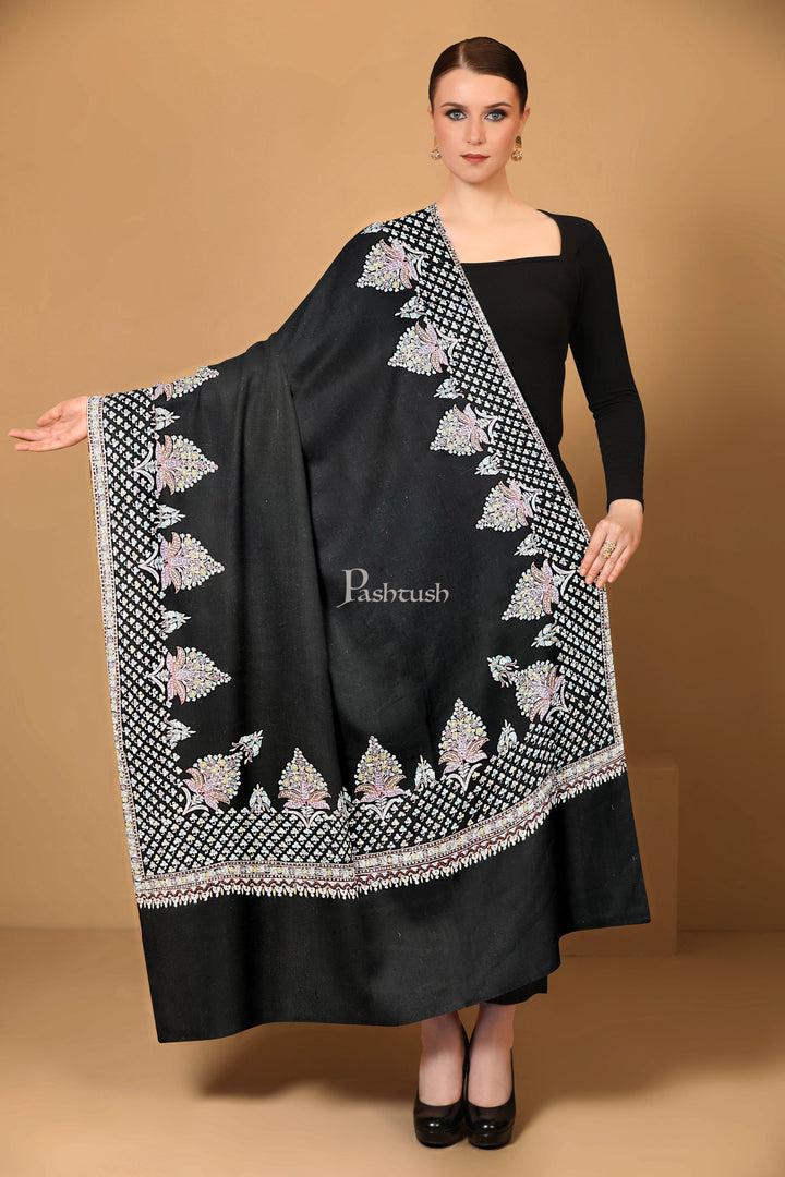 Pashtush Womens Pure Pashmina Shawl, Kashmiri Hand Embroidered, Handloom, Rich Black