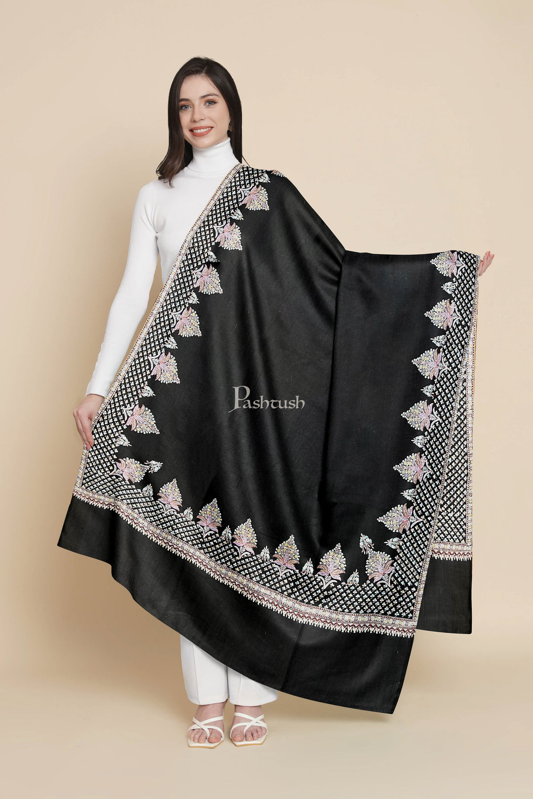 Pashtush Womens Pure Pashmina Shawl, Kashmiri Hand Embroidered, Handloom, Rich Black