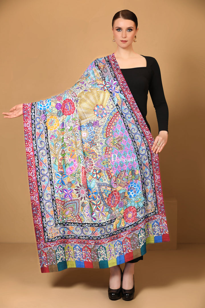 Pashtush Womens Pashmina Shawl, Handmade Kalamkari, Multicoloured