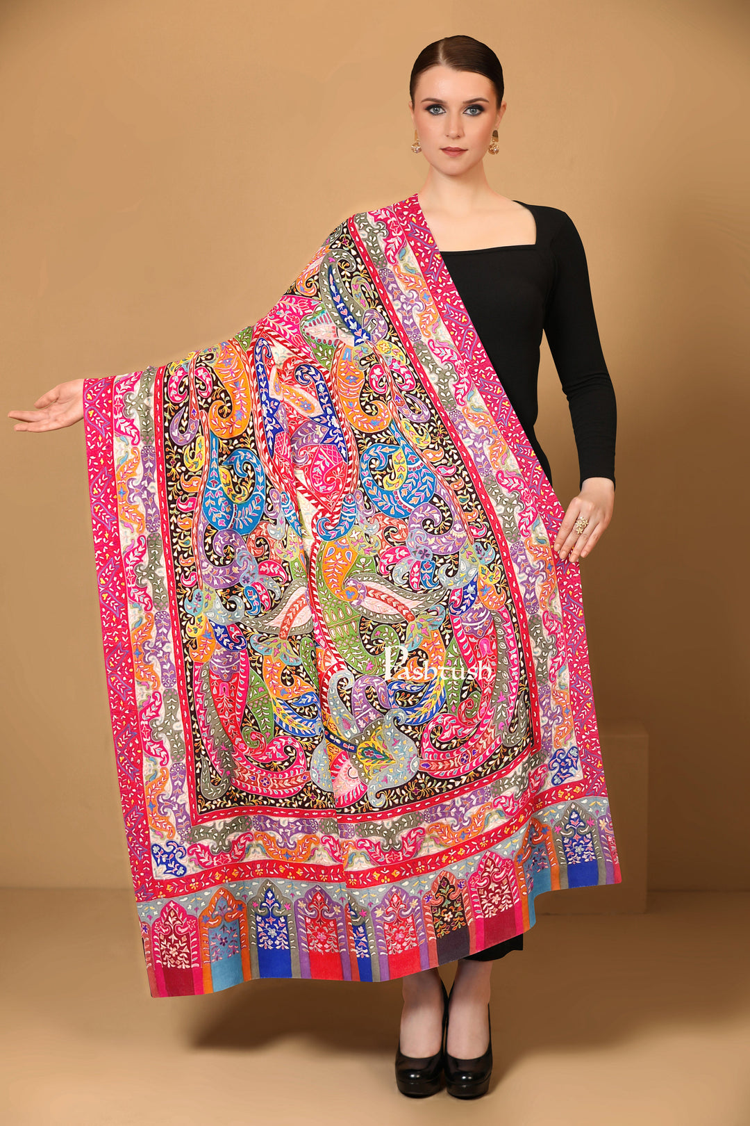 Pashtush Womens Pashmina Shawl, Handmade Kalamkari, Multicoloured