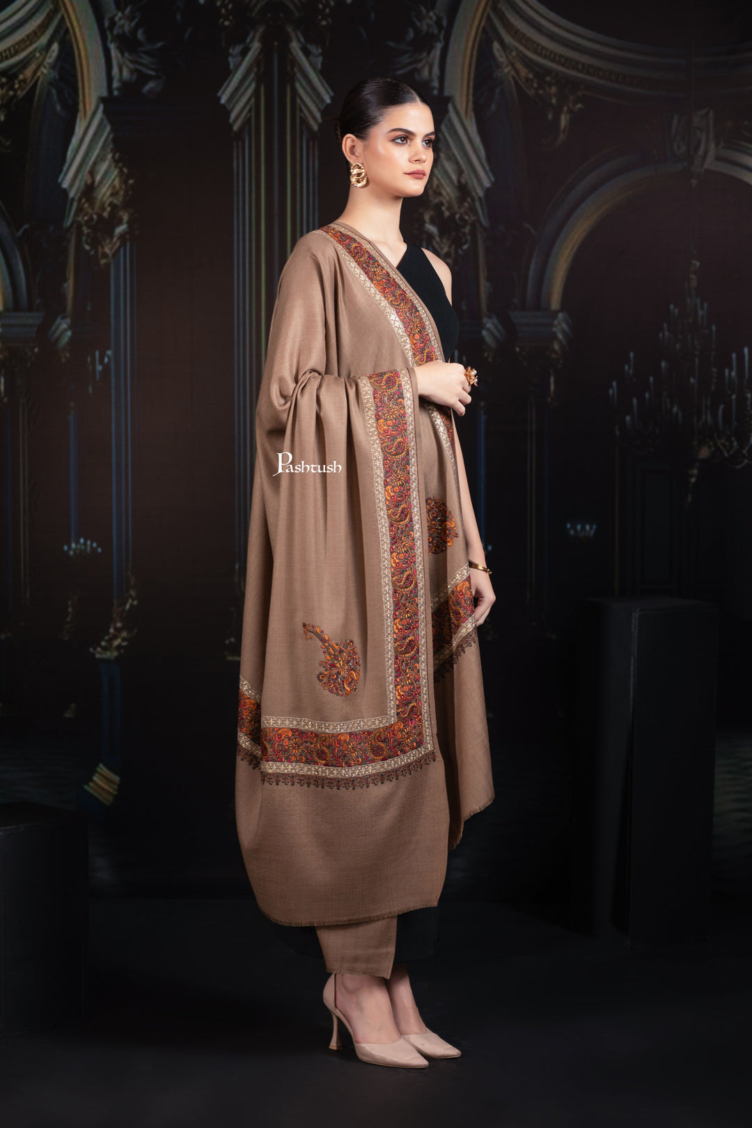 Pashtush His and Her Gift Set of Mens Palla Embroidery Shawl and Womens Fine Wool Tilla Border Shawls, Taupe, Packaged in Keepsake Wooden Chester Gift Box