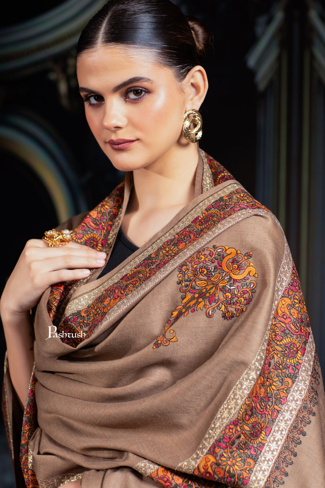 Pashtush His and Her Gift Set of Mens Palla Embroidery Shawl and Womens Fine Wool Tilla Border Shawls, Taupe, Packaged in Keepsake Wooden Chester Gift Box