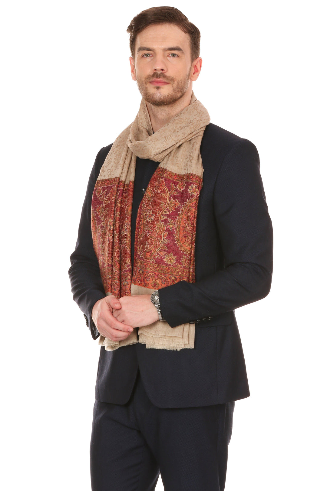 Pashtush Mens Fine Wool Jacquard Stole, Brown