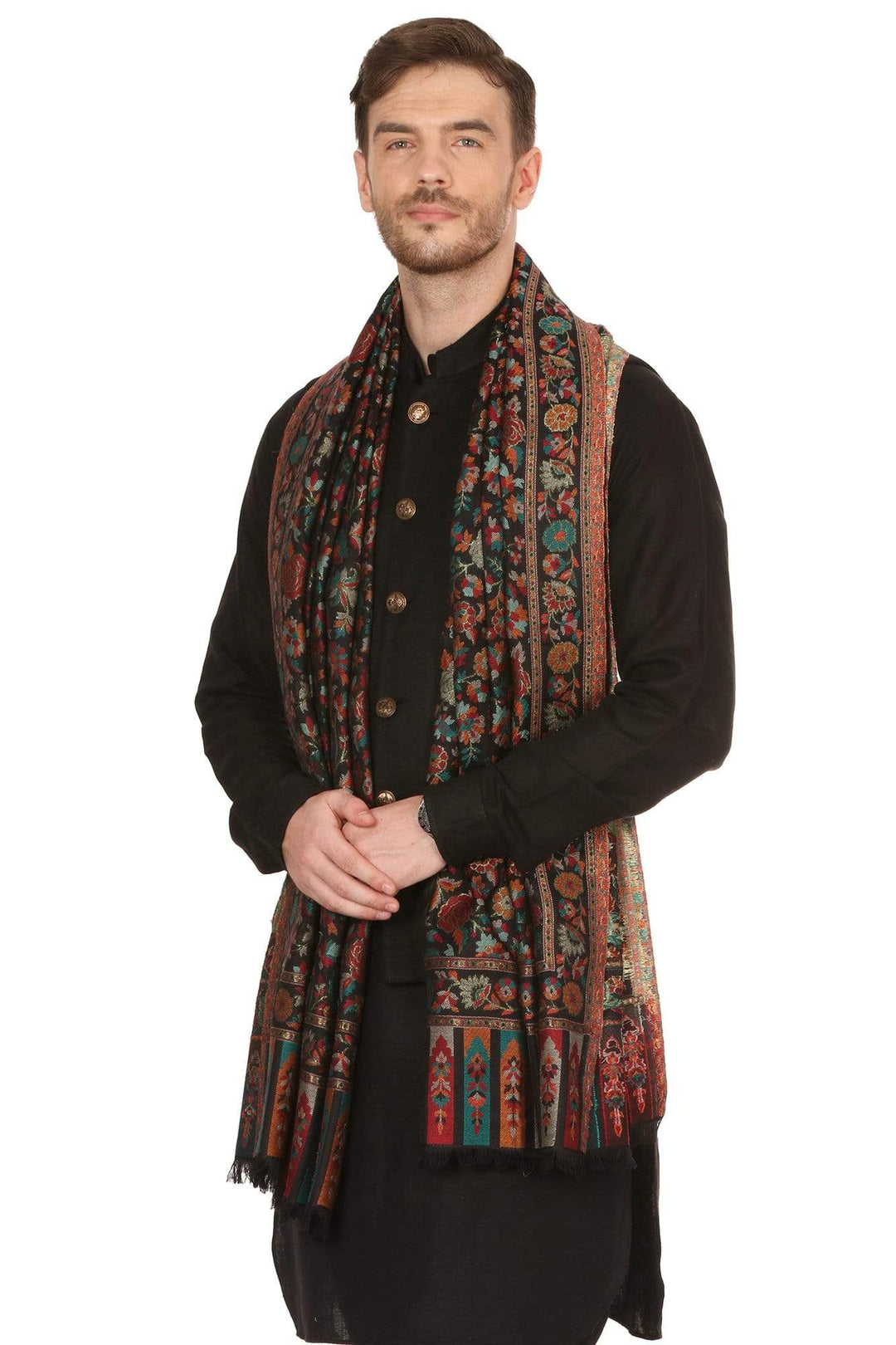 Pashtush Mens Gulaabdar Ethnic Ethinc Jamawar Stole, Woven Design - Black