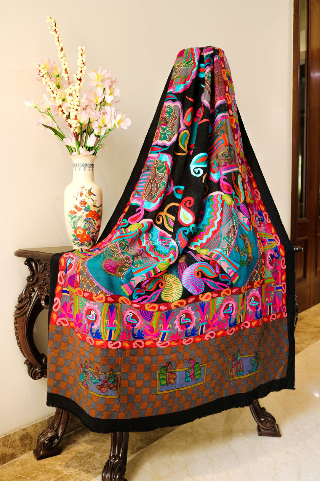 Pashtush India Womens Shawls Pashtush 100% Pure Wool with Woolmark Certificate shawl, kalamkari - Munsell Colour Pallete design, Multicolour