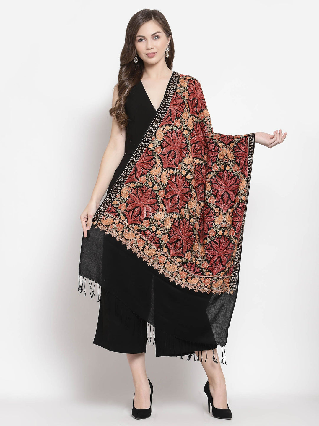 Pashtush India Womens Stoles and Scarves Scarf Pashtush Aari Embroidery Stole, Fine Wool, Black
