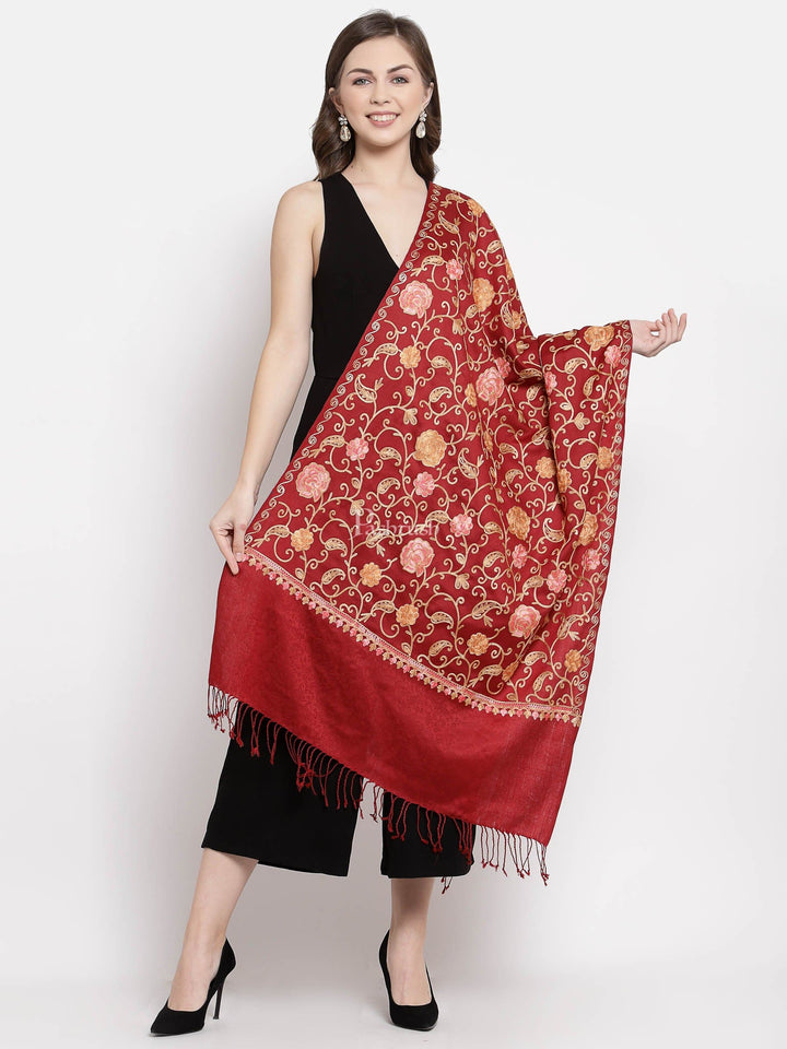 Pashtush India Womens Shawls Pashtush Aari Embroidery Stole, Fine Wool, Maroon