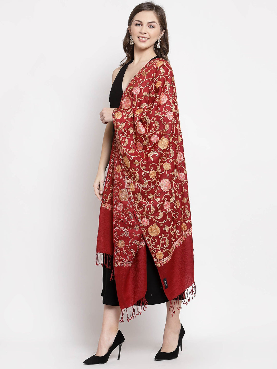 Pashtush India Womens Shawls Pashtush Aari Embroidery Stole, Fine Wool, Maroon
