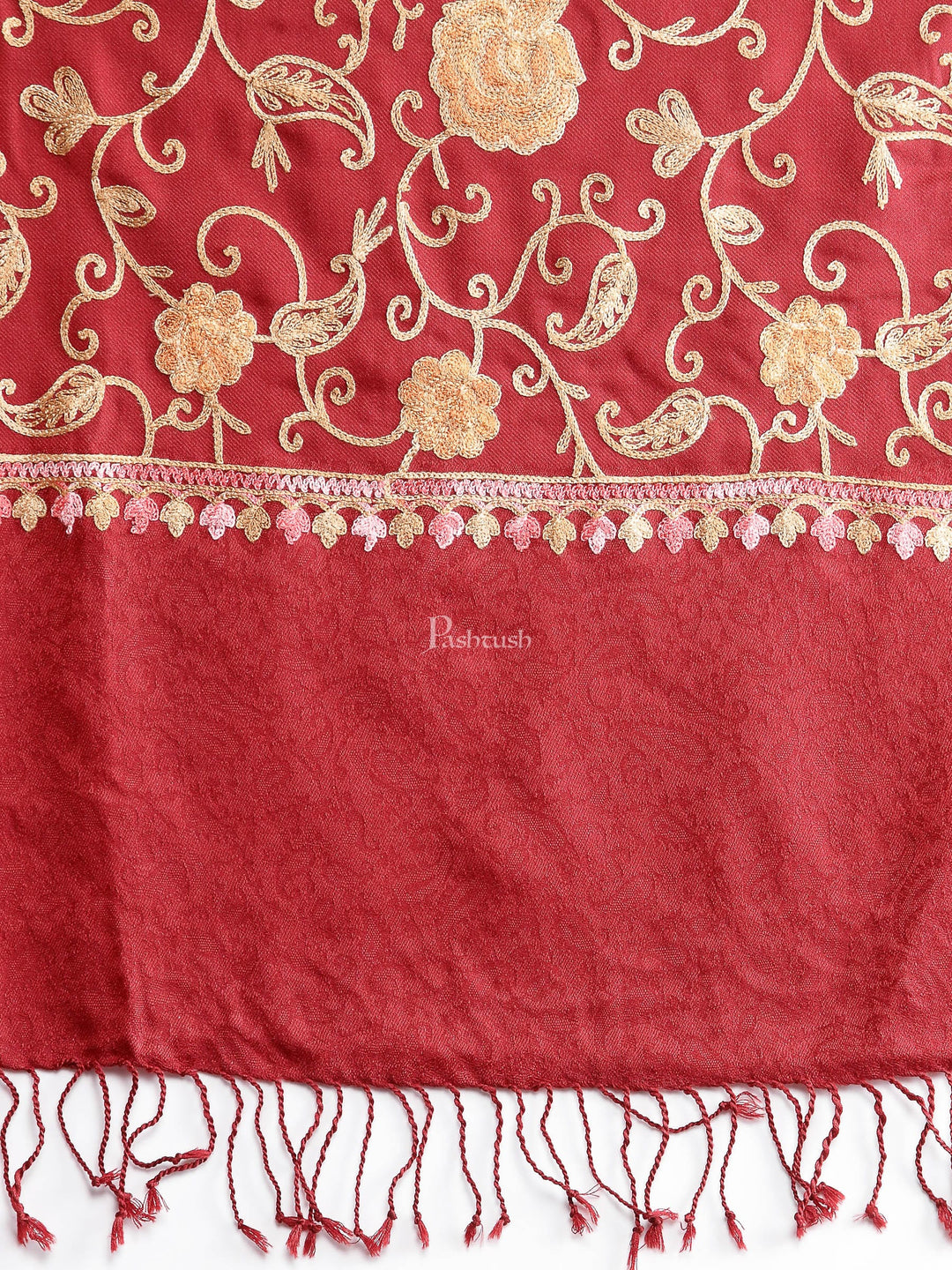 Pashtush India Womens Shawls Pashtush Aari Embroidery Stole, Fine Wool, Maroon