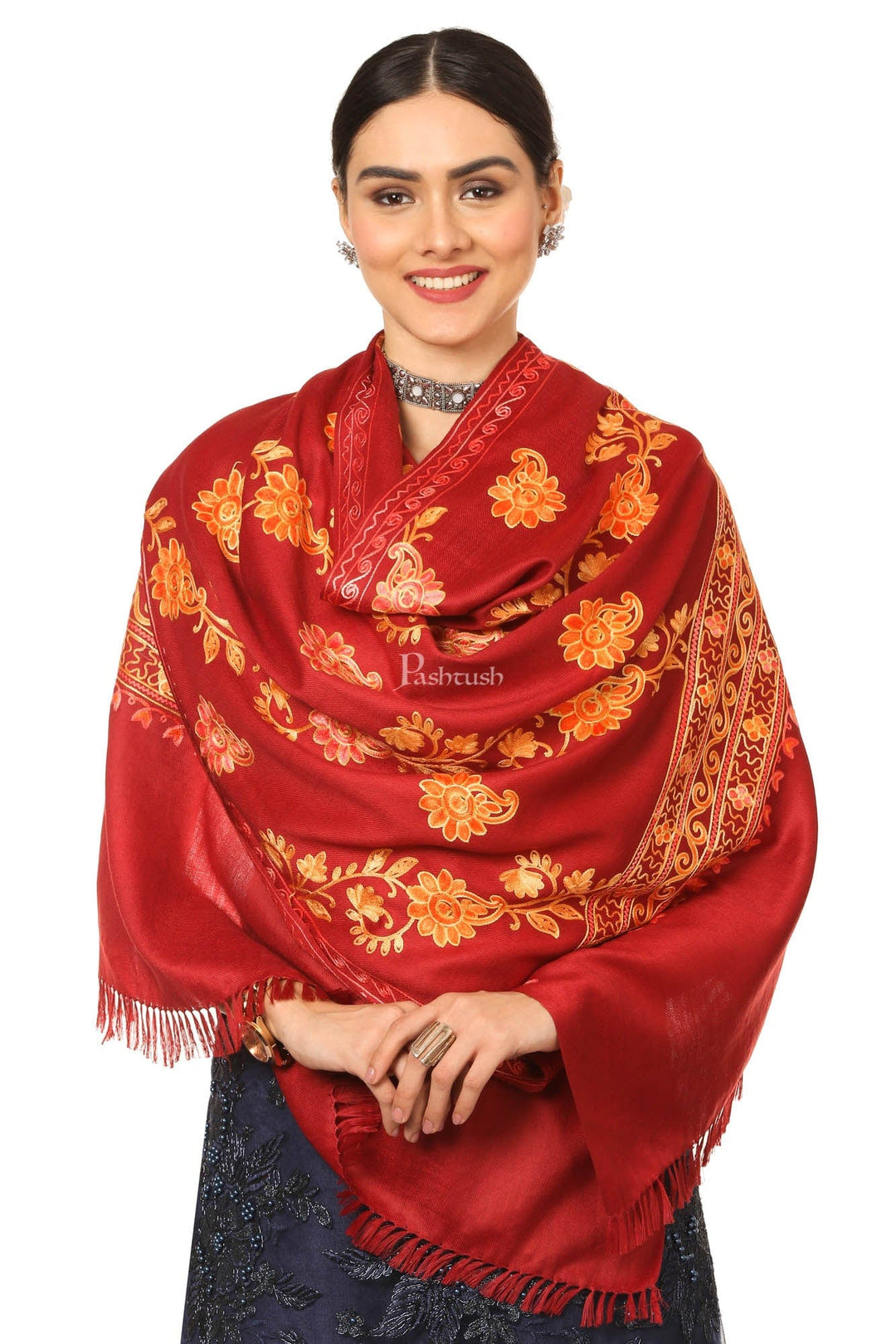 Pashtush India Womens Shawls Pashtush Aari Embroidery Stole, Fine Wool, Maroon