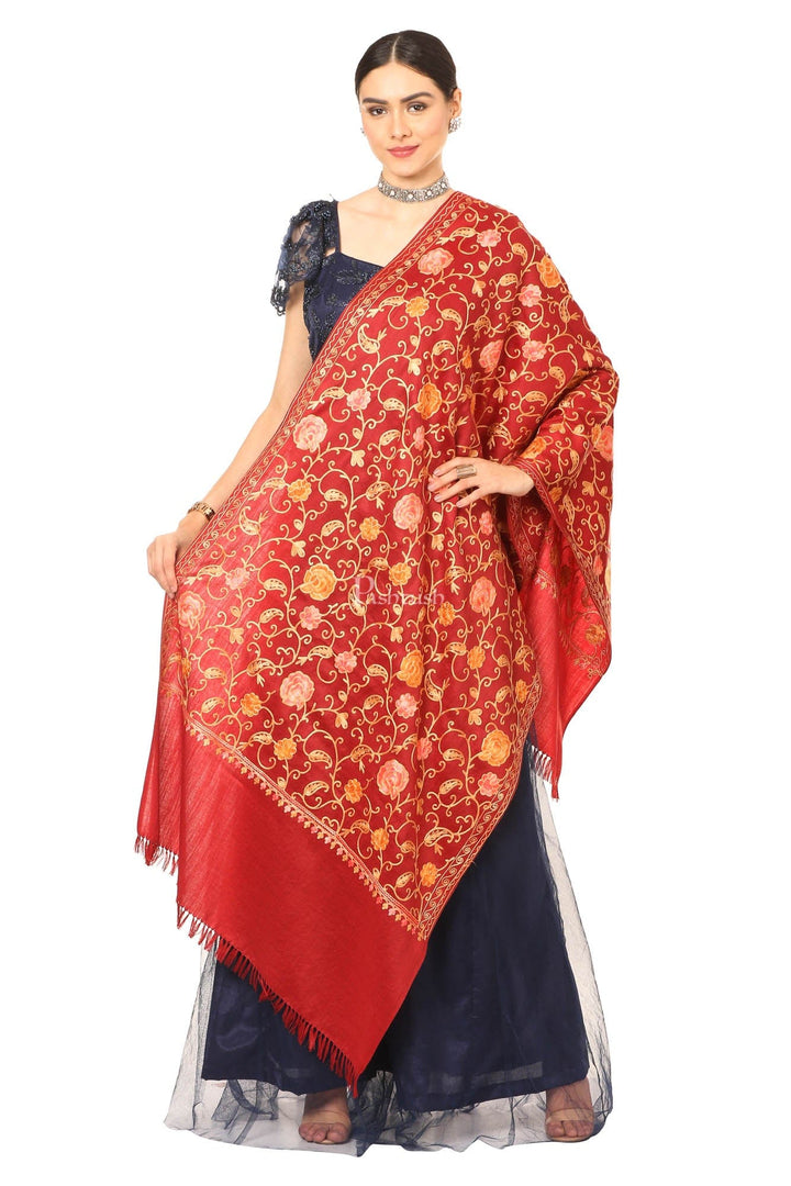 Pashtush India Womens Shawls Pashtush Aari Embroidery Stole, Fine Wool, Maroon