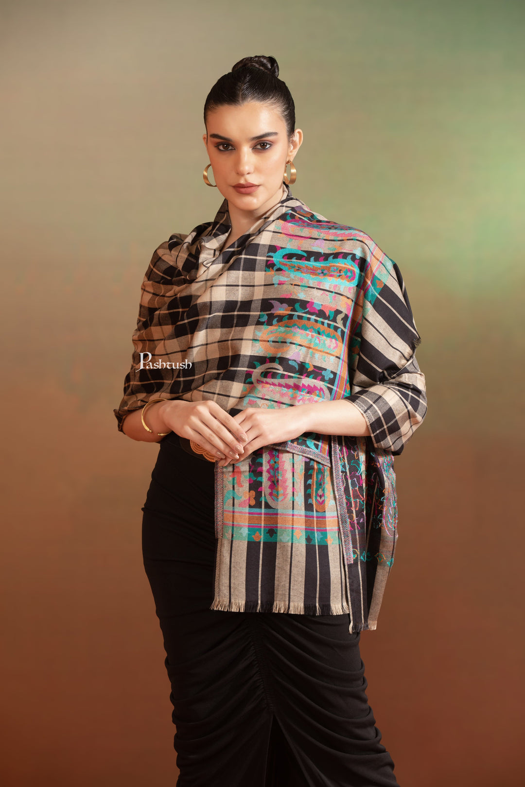 Pashtush India Womens Stoles and Scarves Scarf Pashtush  Bamboo Stole, Checkered Weave With Multicoloured Paisley Palla