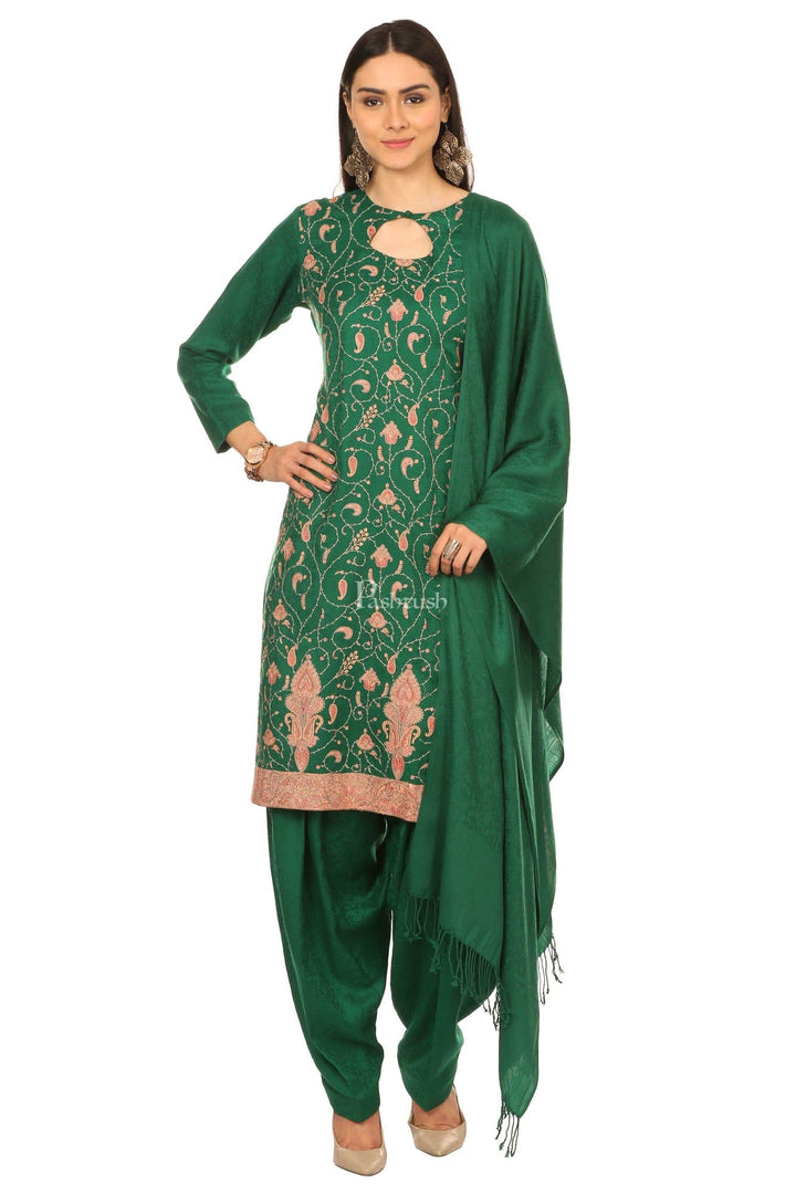 Pashtush India Womens Stoles and Scarves Scarf Pashtush Embroidery Suit, Fine Wool (Unstitched) -  Bottle Green