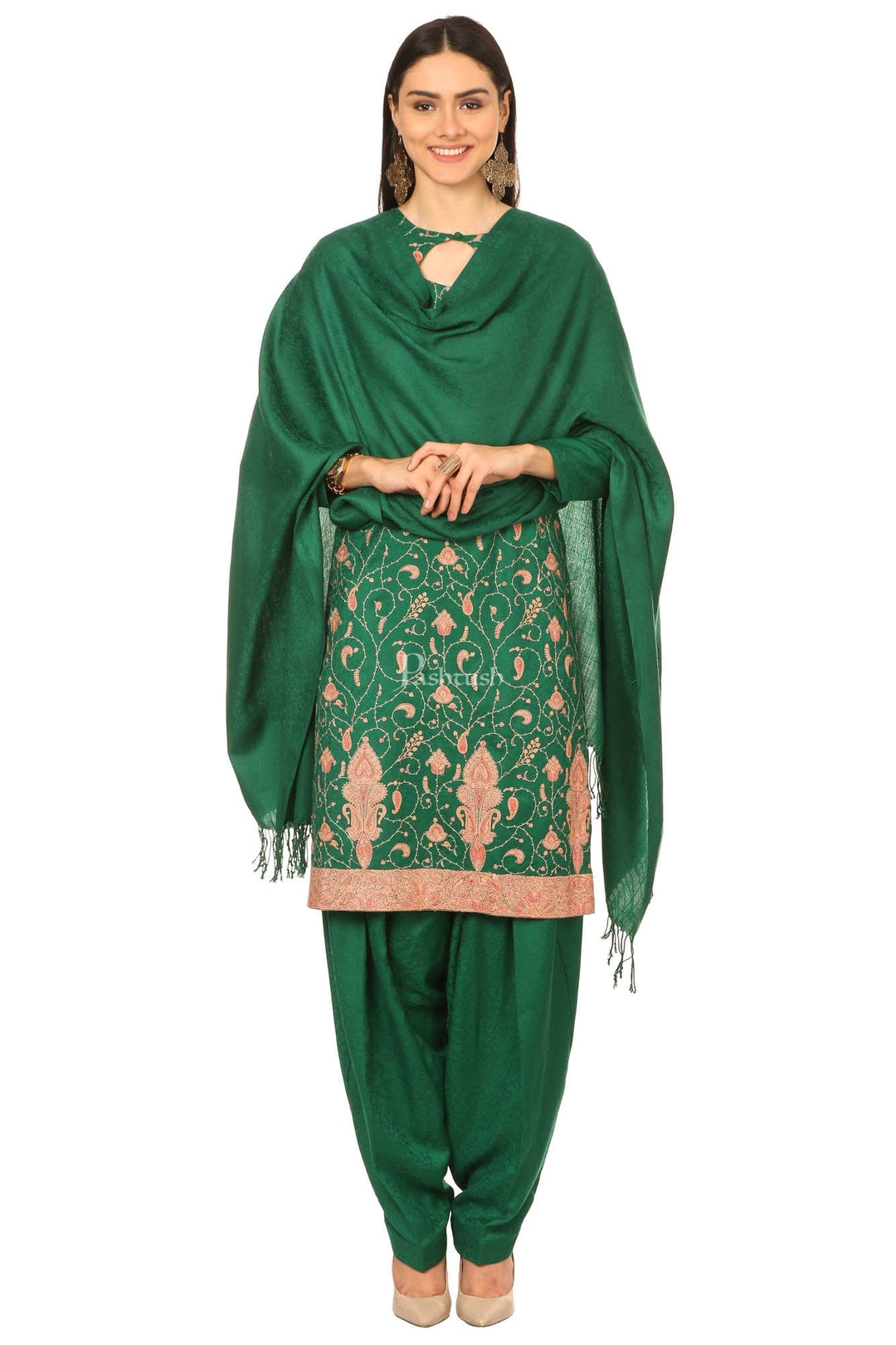Pashtush India Womens Stoles and Scarves Scarf Pashtush Embroidery Suit, Fine Wool (Unstitched) -  Bottle Green