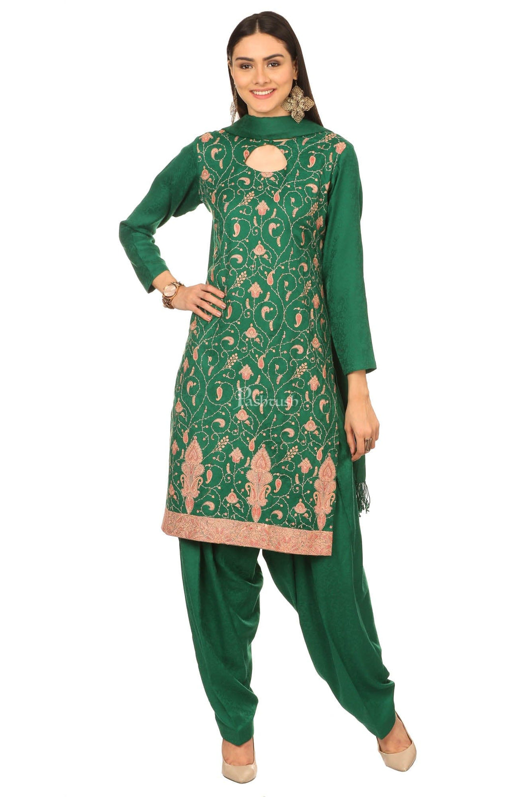 Pashtush India Womens Stoles and Scarves Scarf Pashtush Embroidery Suit, Fine Wool (Unstitched) -  Bottle Green