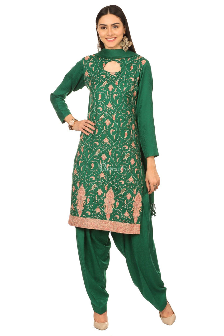 Pashtush India Womens Stoles and Scarves Scarf Pashtush Embroidery Suit, Fine Wool (Unstitched) -  Bottle Green