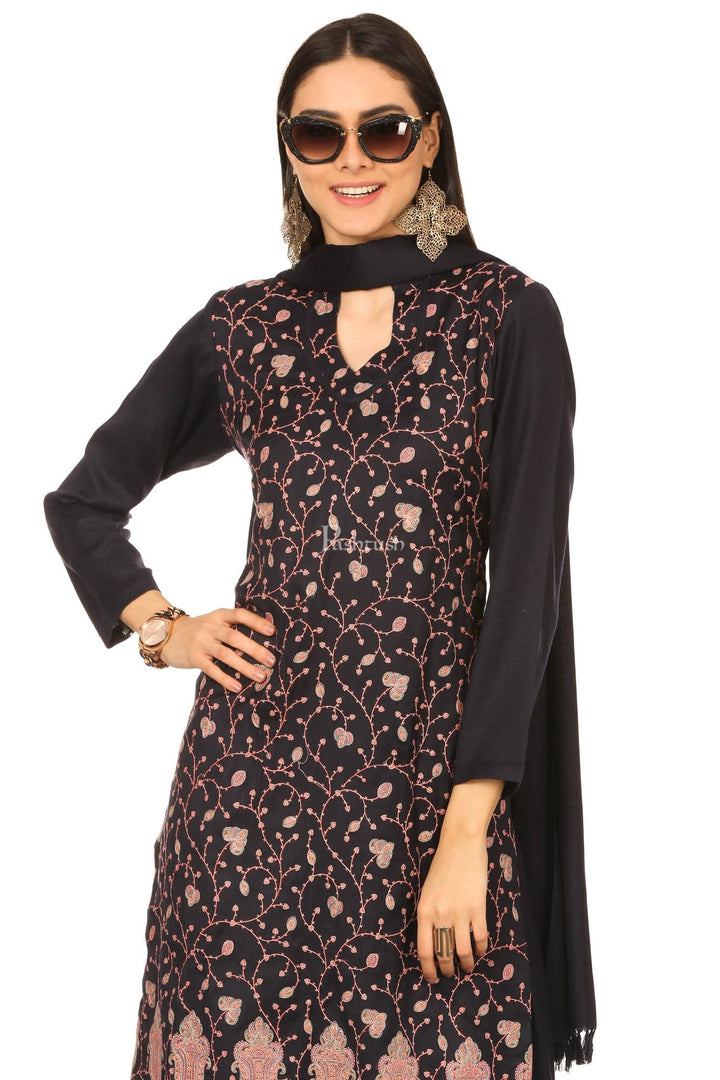 Pashtush India Womens Stoles and Scarves Scarf Pashtush Embroidery Suit, With Self Stole (Unstitched) - Midnight Blue