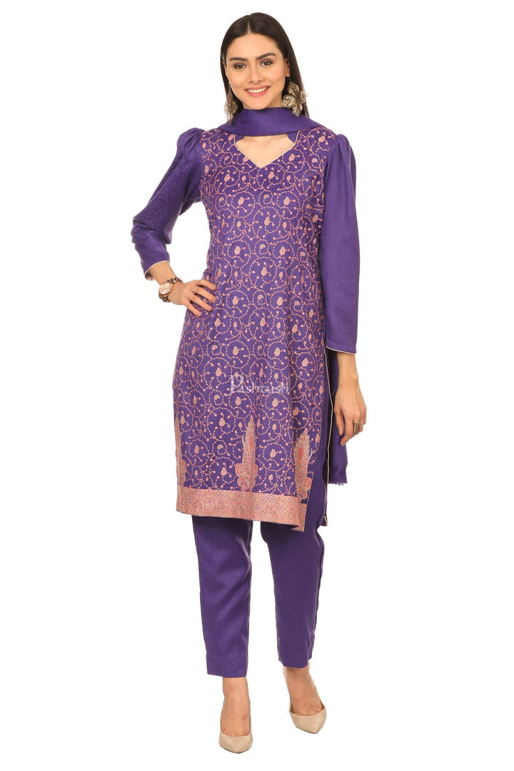 Pashtush India Womens Stoles and Scarves Scarf Pashtush Embroidery Suit, With Self Stole (Unstitched) - Purple
