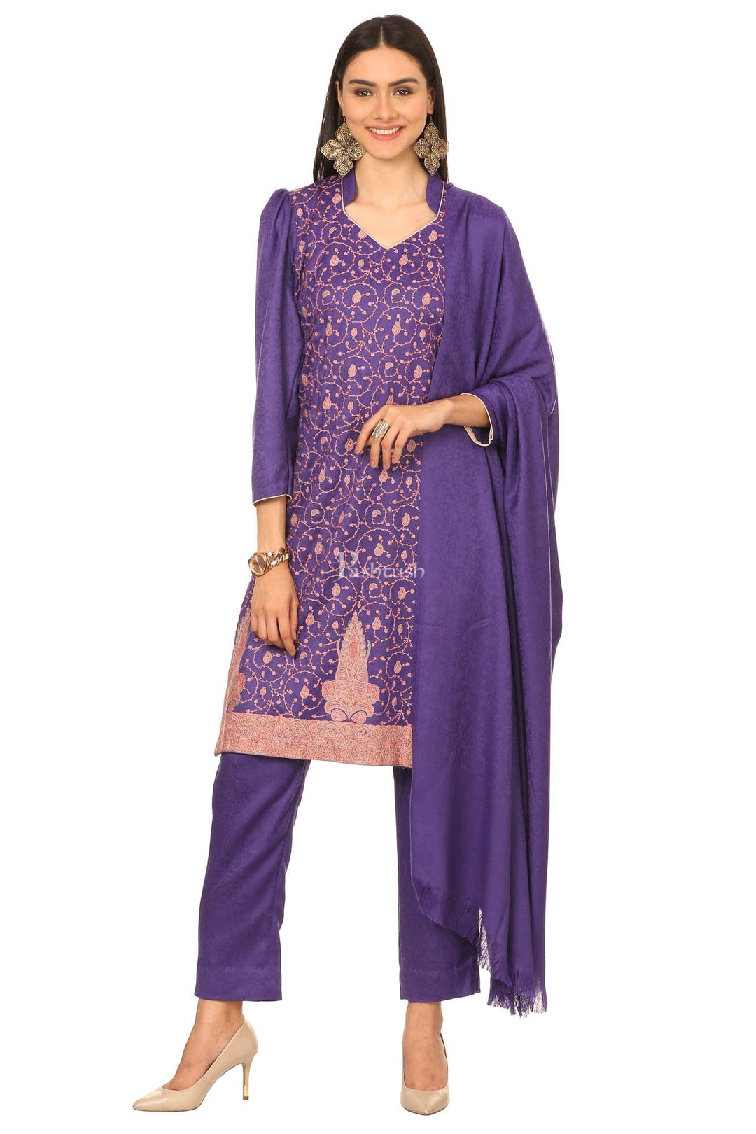 Pashtush India Womens Stoles and Scarves Scarf Pashtush Embroidery Suit, With Self Stole (Unstitched) - Purple